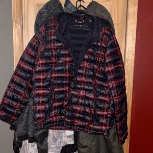 Tommy Hilfiger Red Plaid Hooded Logo Puffer Jacket
